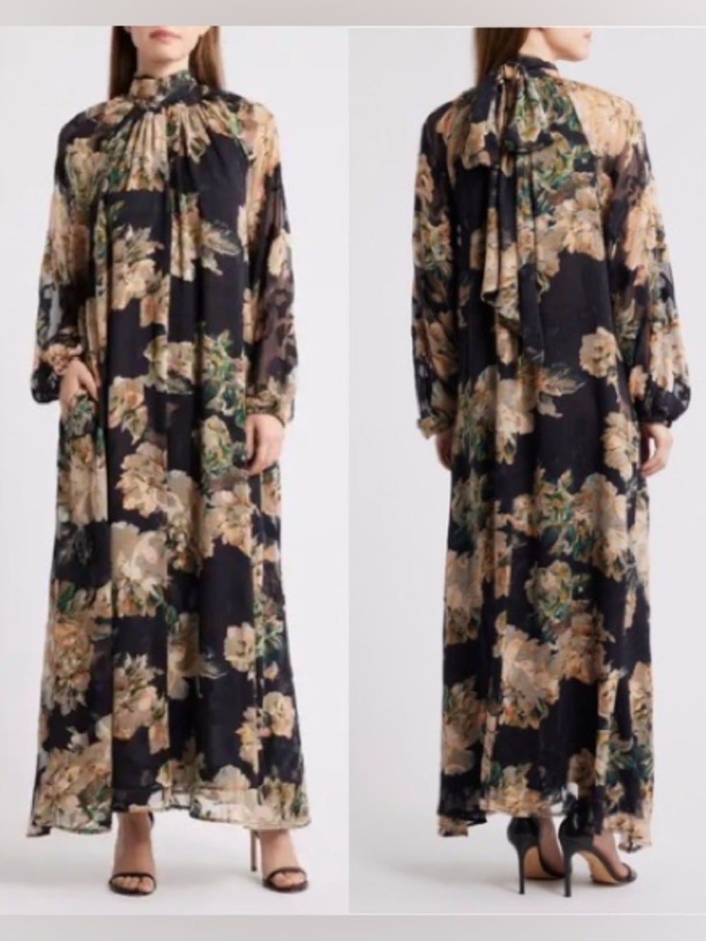 Melloday Floral Tie Neck Maxi Dress Black Peach Sheer Pockets Large Boho